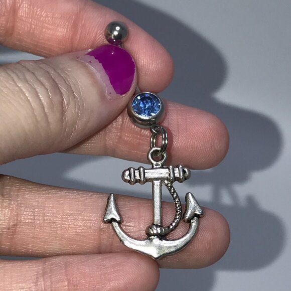 Large Anchor with Rope and Light Blue Gem Dangle Belly Ring - Picture 13 of 16
